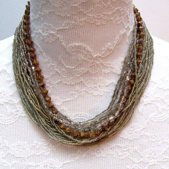 Gold beaded multi strand necklace with iridescent, clear and brown beading MCM - Picture 5 of 10